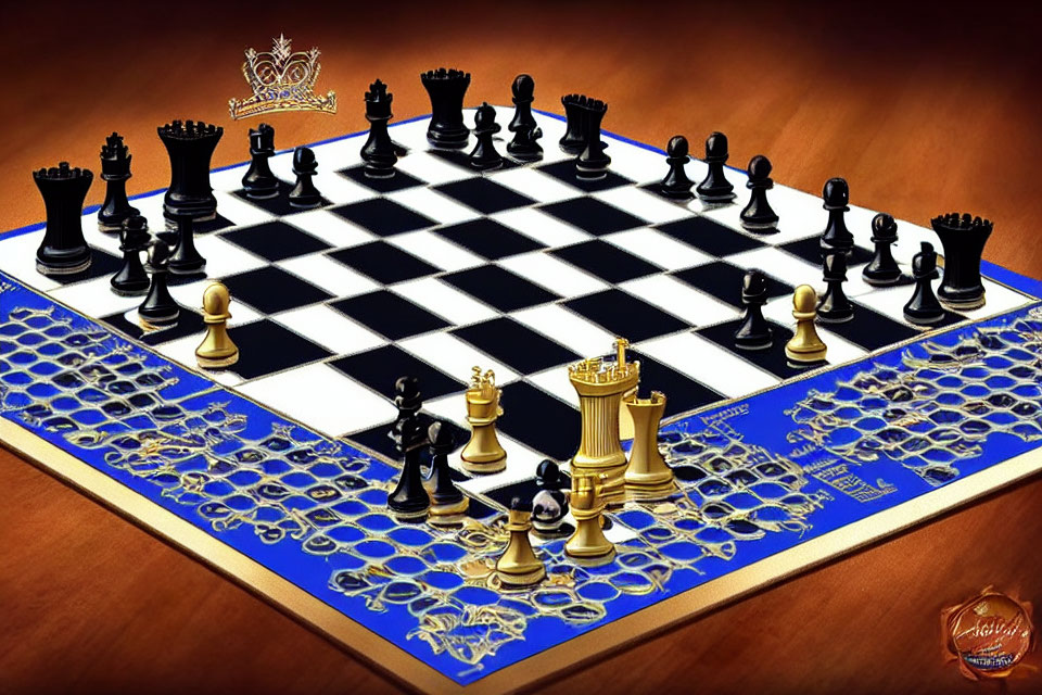 Luxurious Golden and Black Chess Set on Blue-bordered Glossy Board