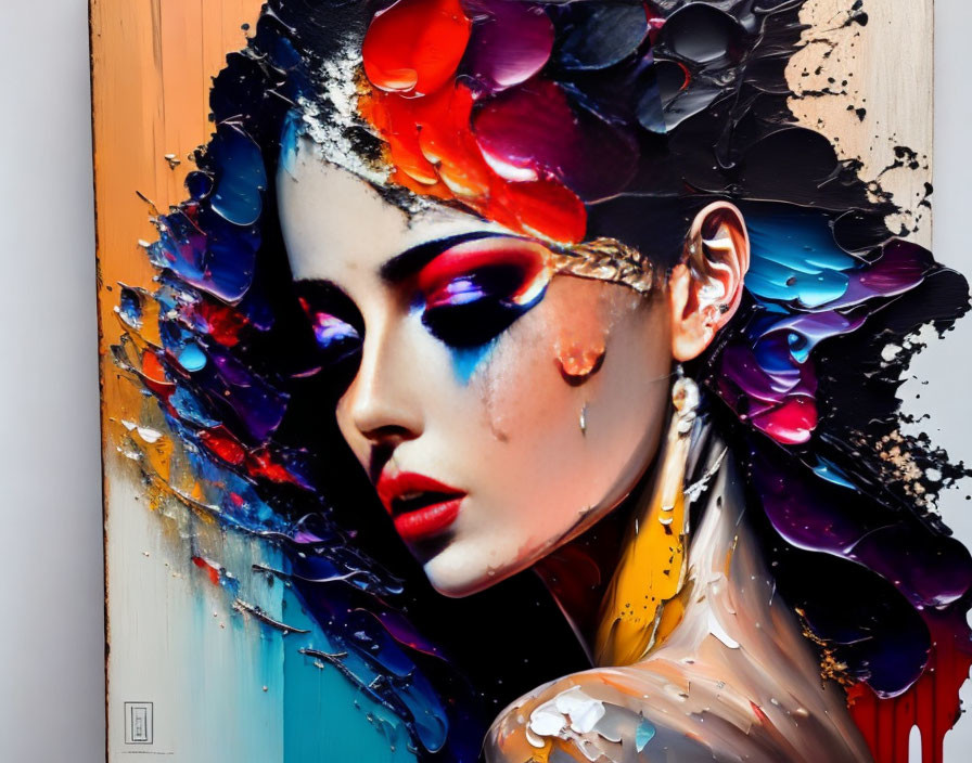 Vibrant woman portrait with abstract makeup and butterfly wing motifs