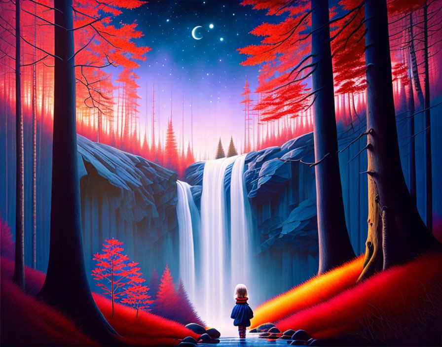 Child in vibrant forest under starry night with crescent moon