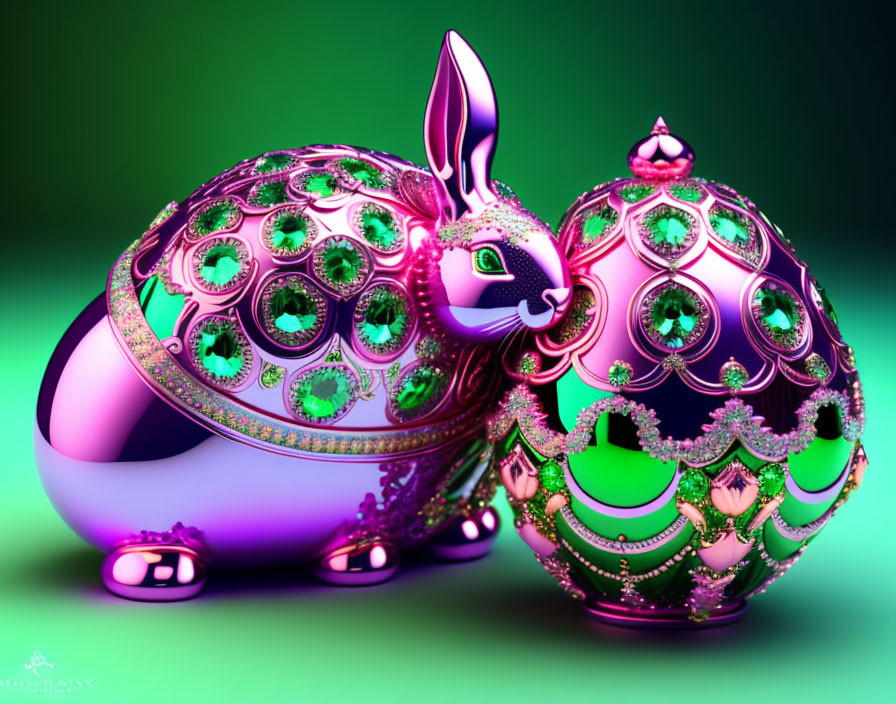 Metallic jeweled rabbit on ornate Easter egg against green background