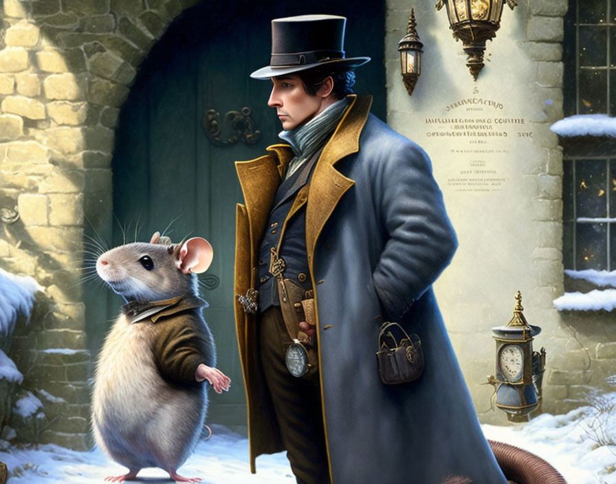 Victorian-era gentleman and anthropomorphic mouse in period attire on snowy backdrop