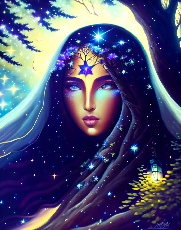 Artwork: Female Figure with Celestial Hair and Night Sky Background