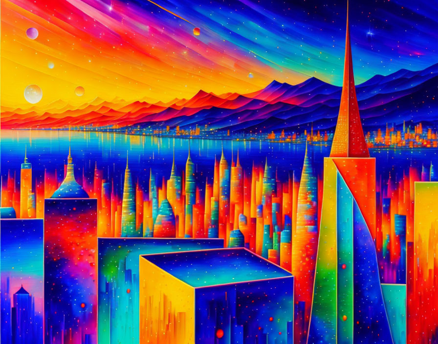 Colorful Surreal Cityscape Under Multicolored Sky