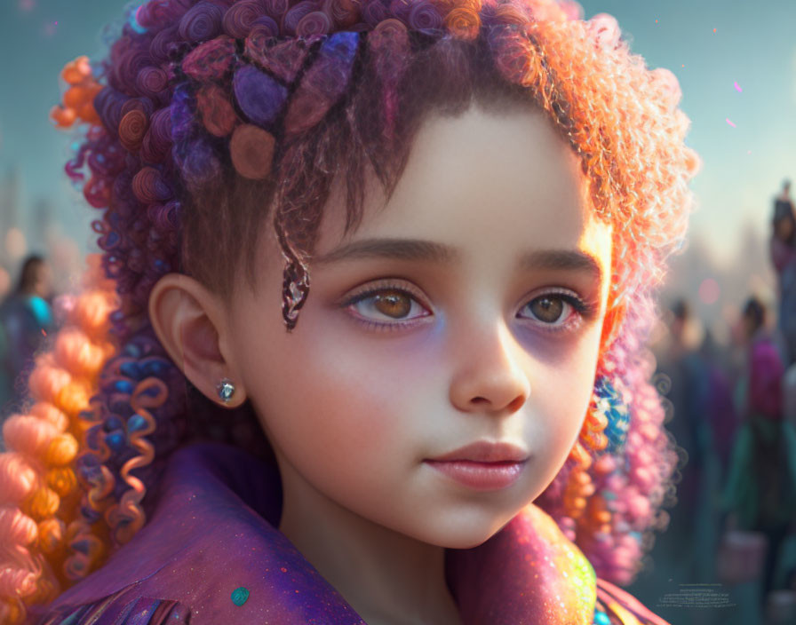 Colorful Curly-Haired Girl Portrait with Expressive Eyes