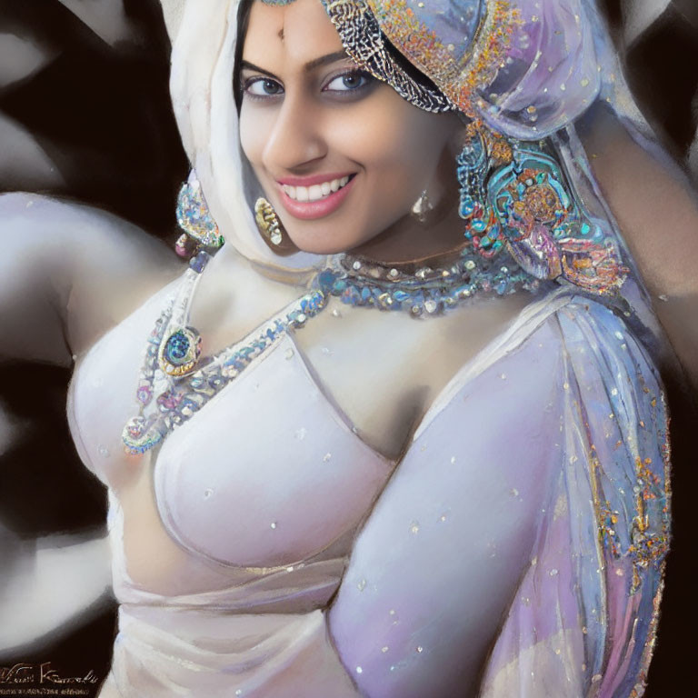 Traditional Indian attire: Smiling woman in jewelry & headpiece