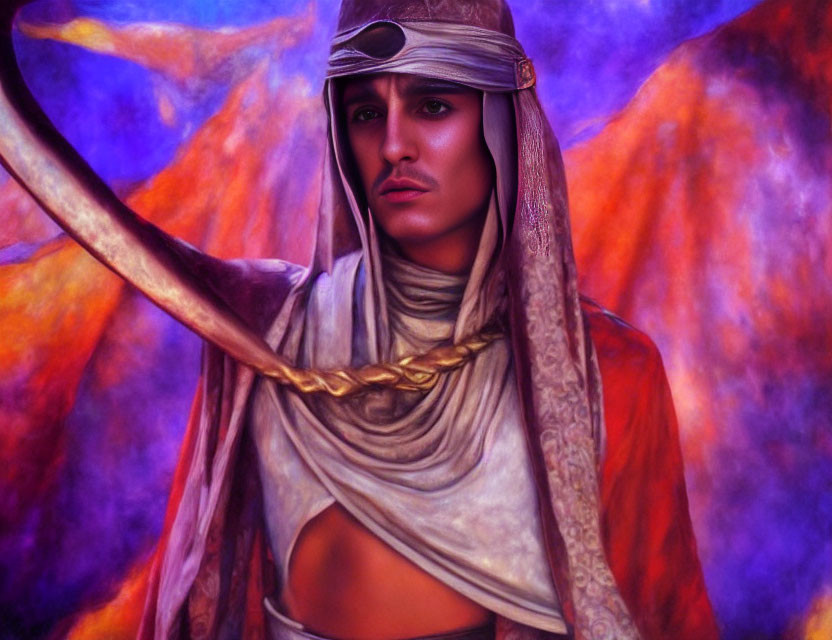 Person in desert attire with headscarf, intense gaze, warm purple hues.