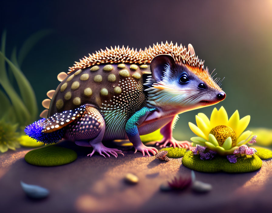 Colorful Hedgehog with Reptilian Features Beside Yellow Flower