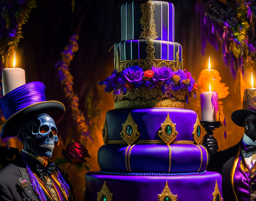 Colorful Day of the Dead Cake with Gold Accents & Skeleton Figures