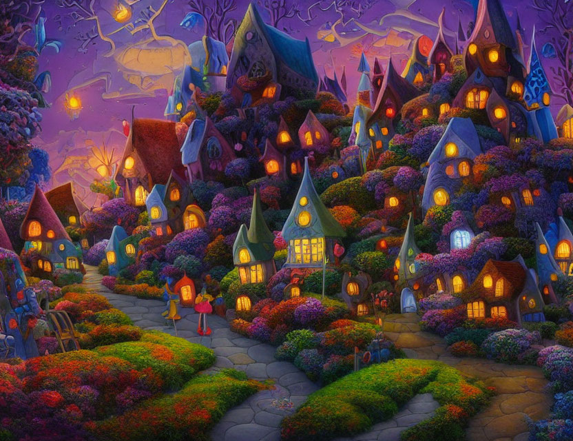 Colorful Cone-Roofed Village with Characters Walking at Night