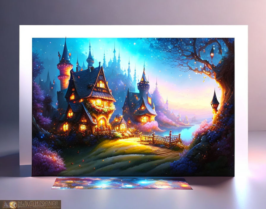 Fantasy artwork: Enchanting castle in magical forest at night