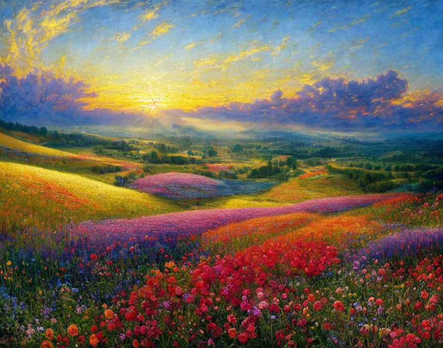 Colorful Flower-Covered Hills at Sunset