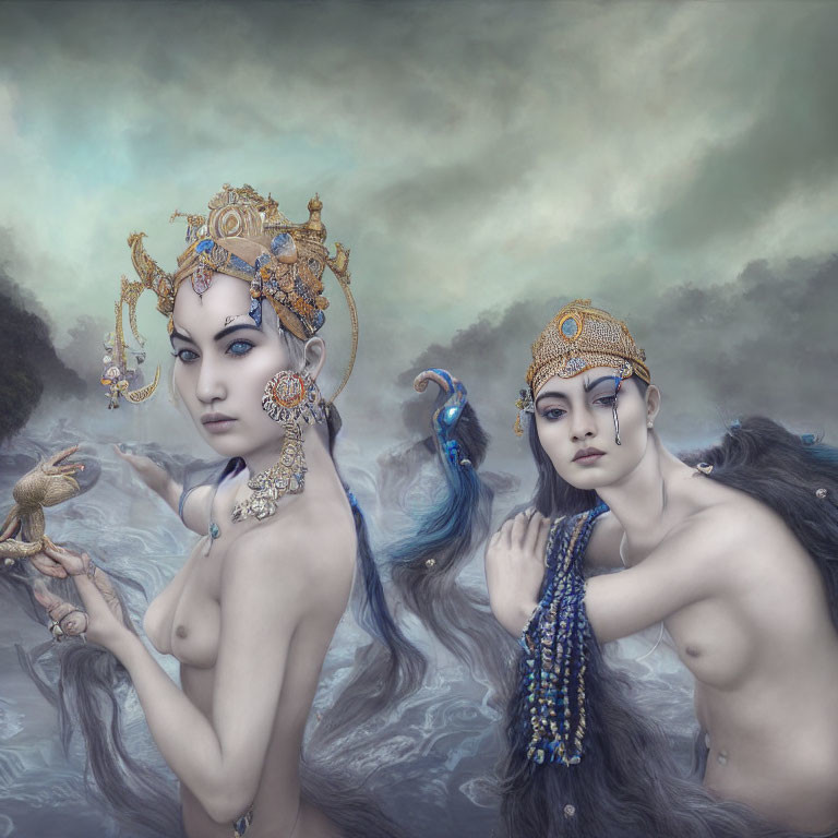 Ethereal beings with ornate headpieces and jewelry in misty clouds