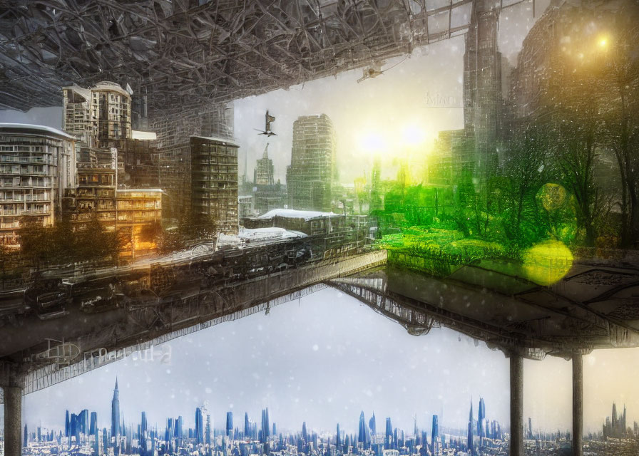 Mirrored Sky Highway in Futuristic Cityscape with Flying Vehicles