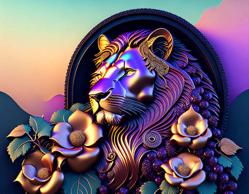 Majestic lion with luminous mane in vibrant digital artwork