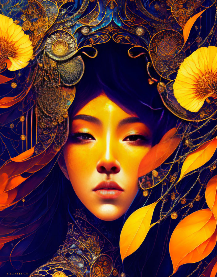 Vibrant digital portrait of a woman with golden-yellow flowers and ornate patterns