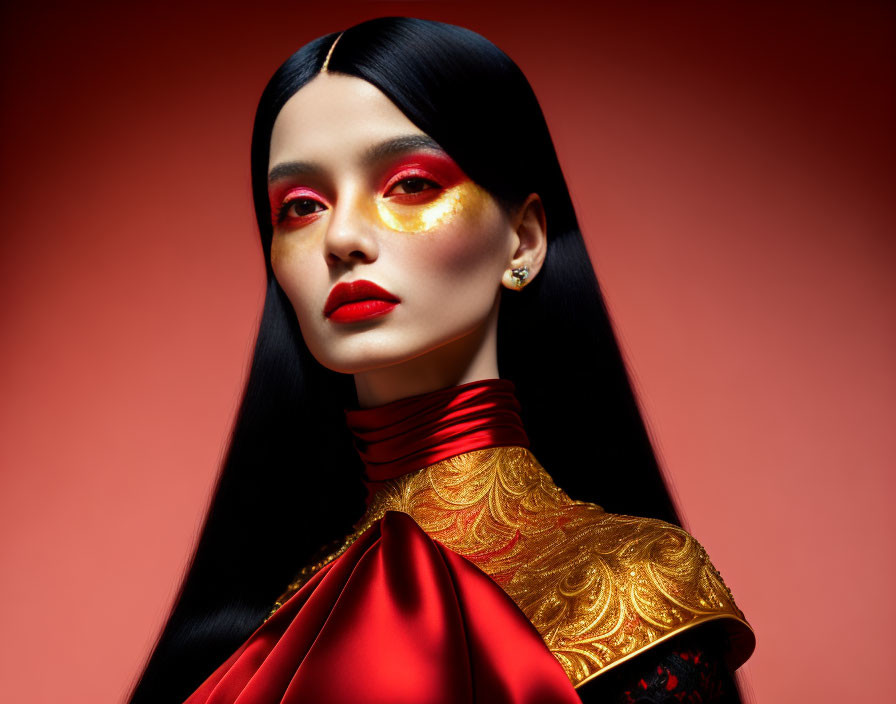 Woman with Black Hair in Dramatic Gold and Red Makeup, High-Collar Red and Gold Outfit