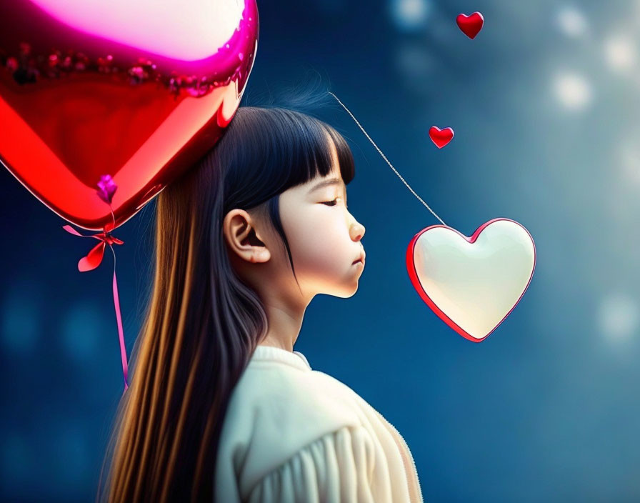 Serene young girl with heart-shaped balloon on blue bokeh background