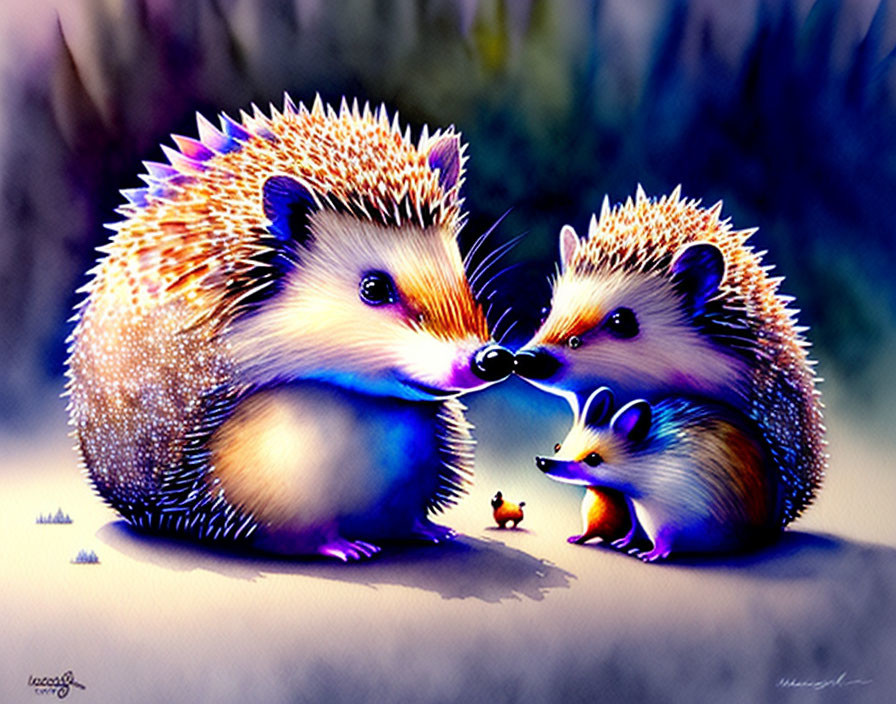 Adorable cartoon hedgehogs touching noses under soft purple light