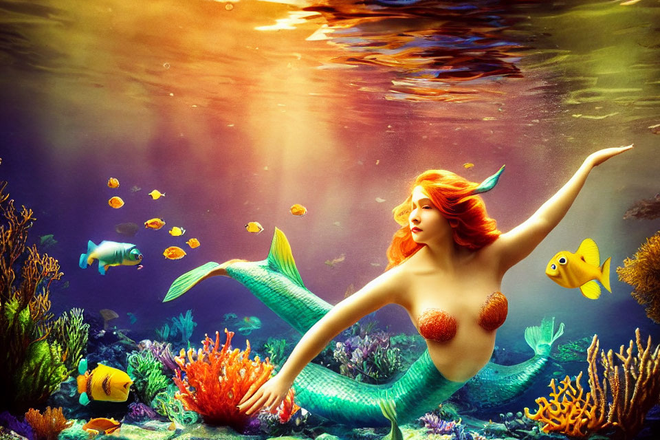 Colorful Underwater Scene with Mermaid, Fish, and Sunbeams