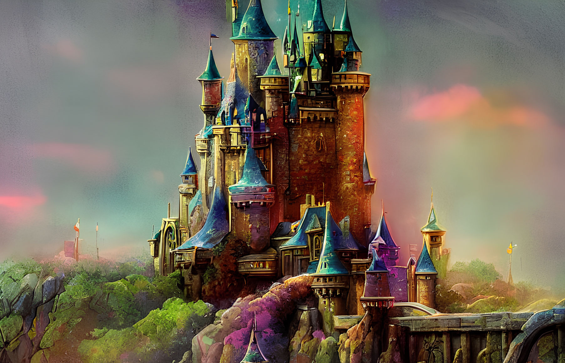 Majestic castle with spires and turrets in colorful clouds