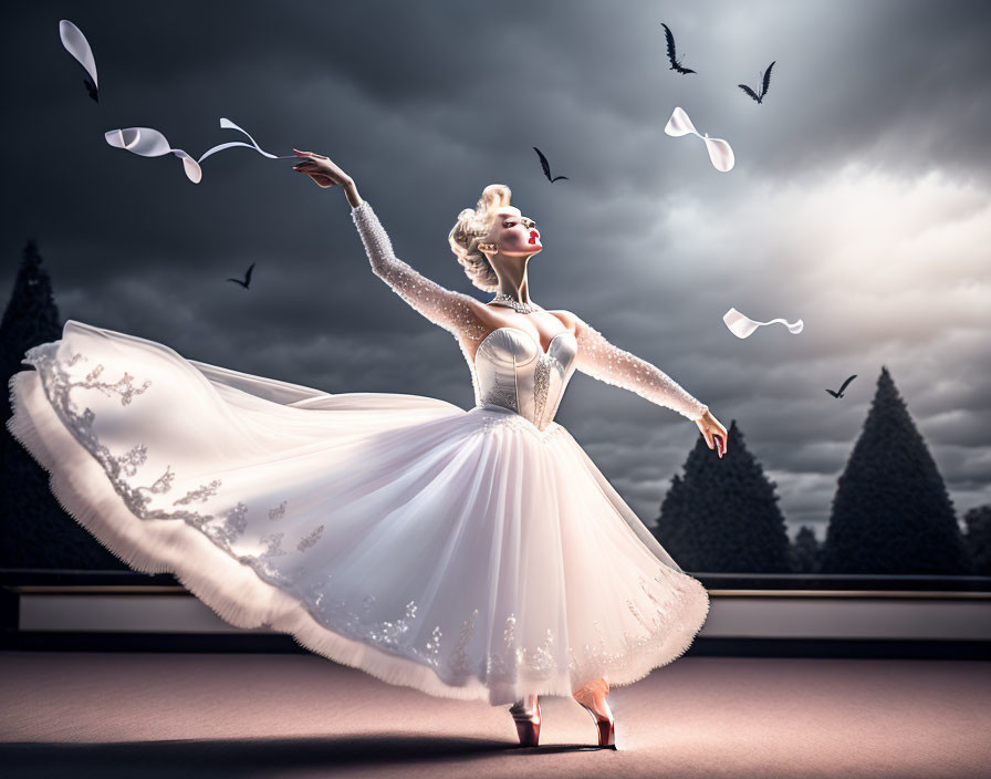 Elegant woman in white ballet dress dances with paper butterflies against stormy sky