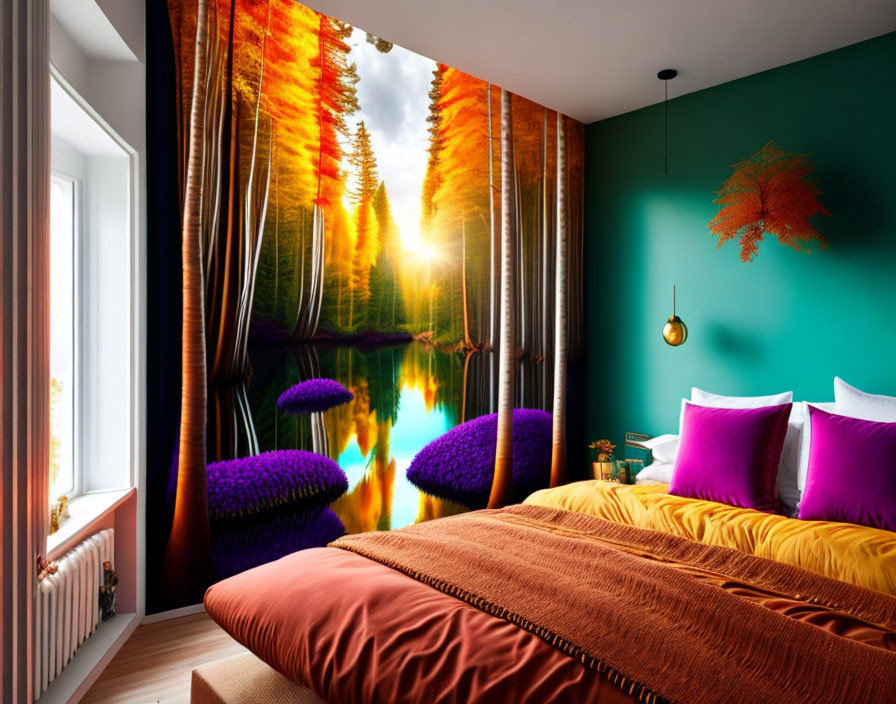 Modern Bedroom with Large Forest Mural and Emerald Walls