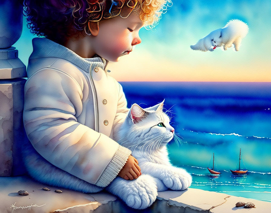 Child with curly hair and white cat by the sea at sunset with boats and bird.