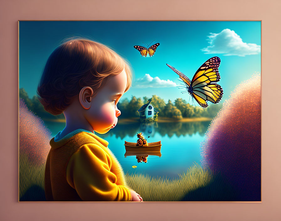 Child admiring butterflies by serene lake at sunset