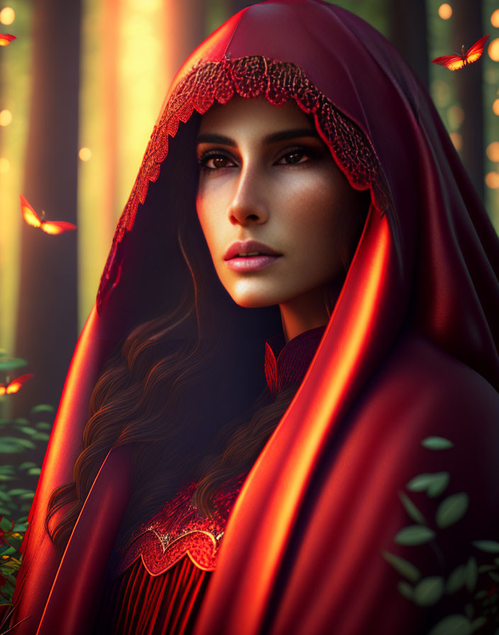 Woman in Red Hooded Cloak Surrounded by Glowing Butterflies in Forest