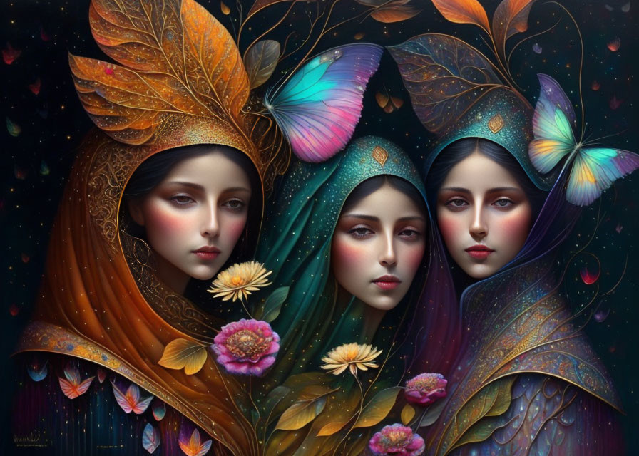 Ethereal women with butterfly wings and floral headdresses in starry scene