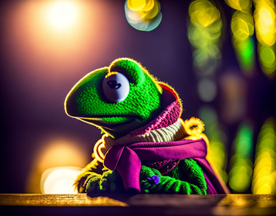 Colorful Scarf Kermit Plush Toy on Festive Bokeh Background