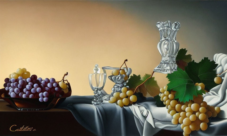 Purple and Green Grapes Still Life Painting with Glass Goblet and Silver Pitcher