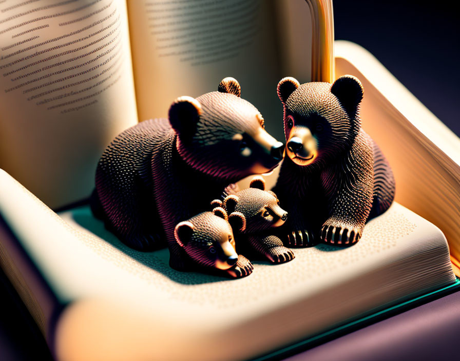 Bear figurines on open book with heart-shaped pages under warm light