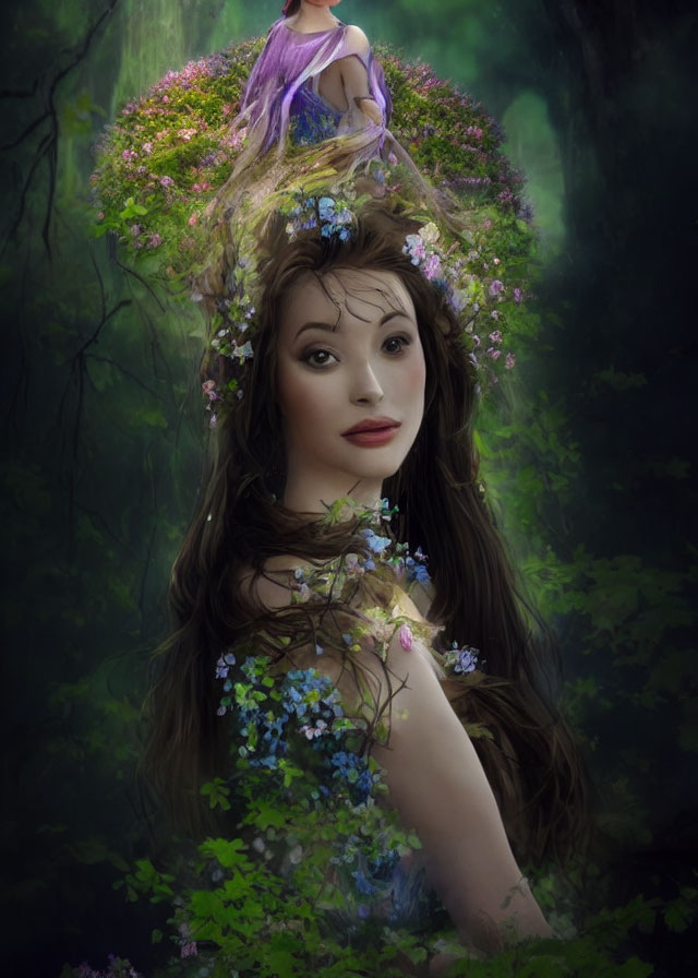 Ethereal artwork featuring woman, floral elements, tiny figure, mystical forest backdrop