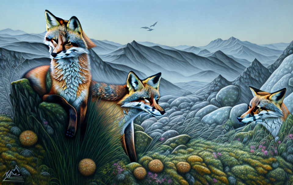 Three Foxes in Natural Setting with Mountain Background