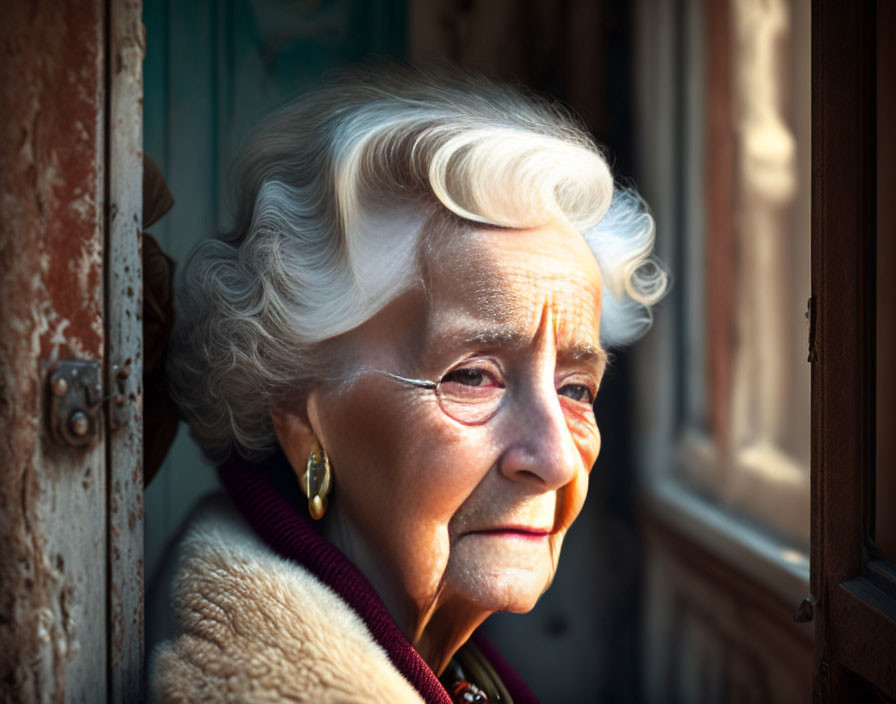 Elderly woman with white hair and fur collar gazes out window in contemplation