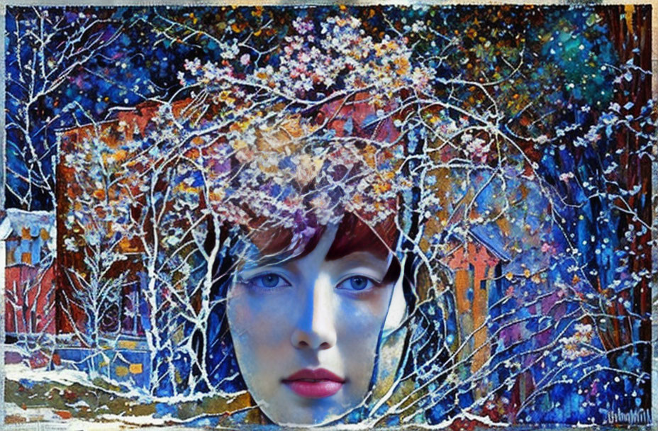 Colorful Surreal Artwork: Woman's Face with Wintry Nature Scene