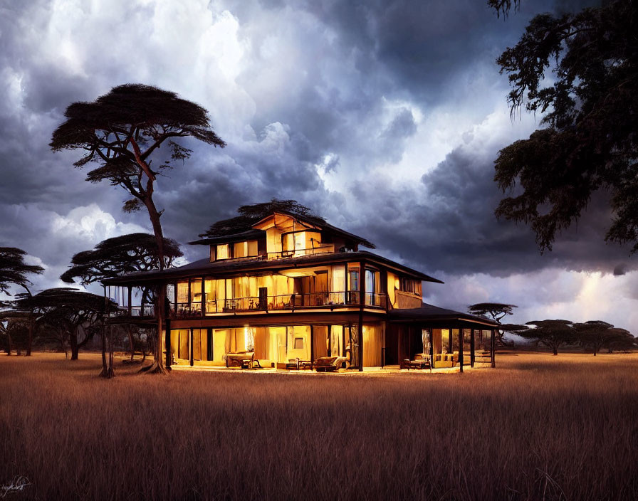 Contemporary multi-story house with illuminated interiors in savannah setting.