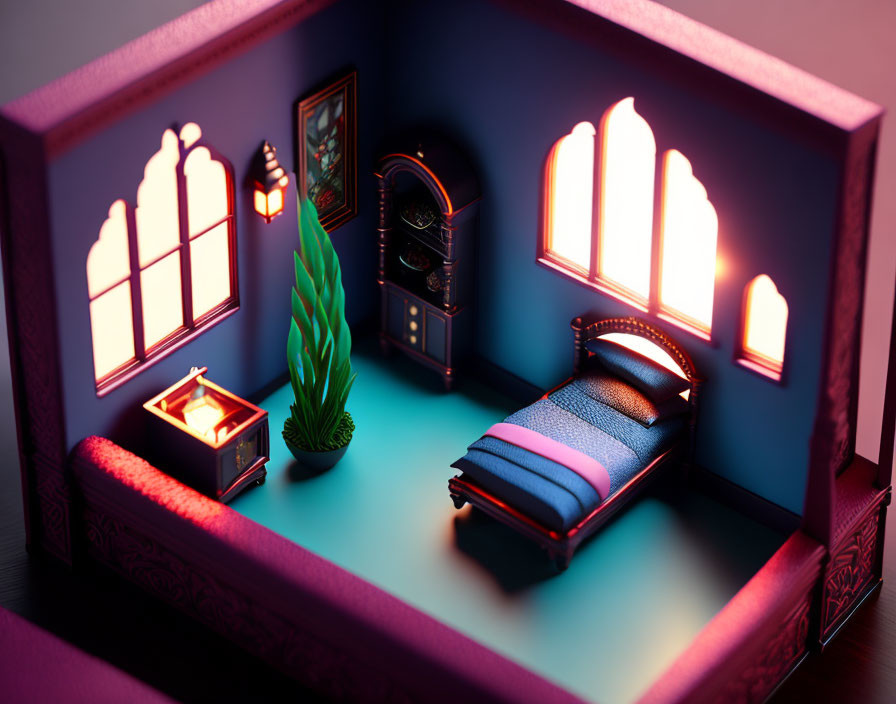 Miniature bedroom with stained glass windows, blue bed, wooden chest, plant, vintage jukebox