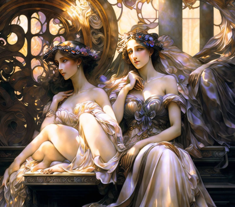 Ethereal women in floral crowns by ornate window with stonework backdrop