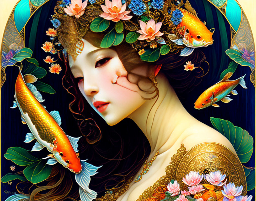 Fantasy-style illustration: Woman with floral crown and koi fish