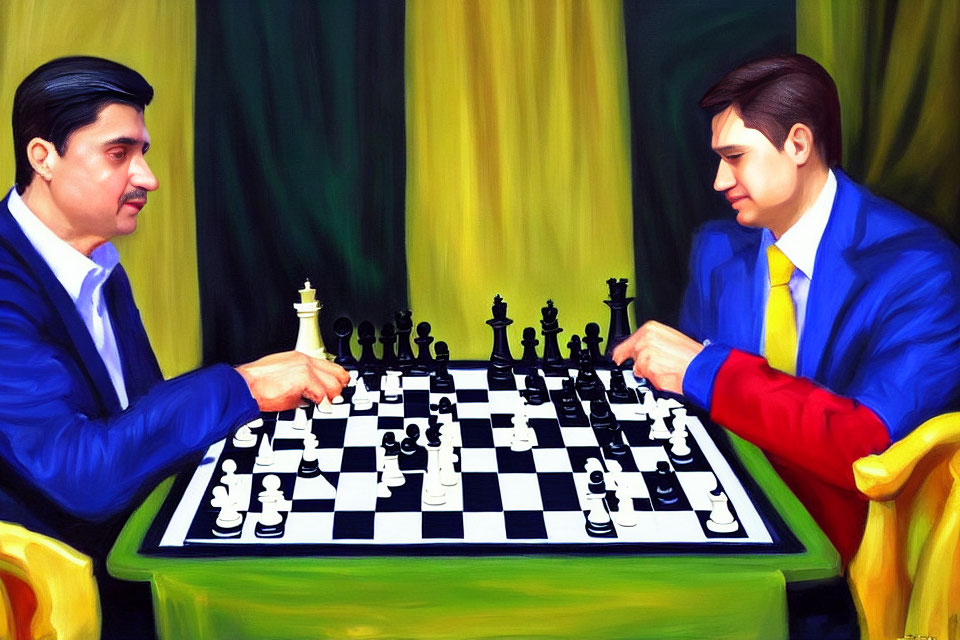 Men in suits playing intense game of chess