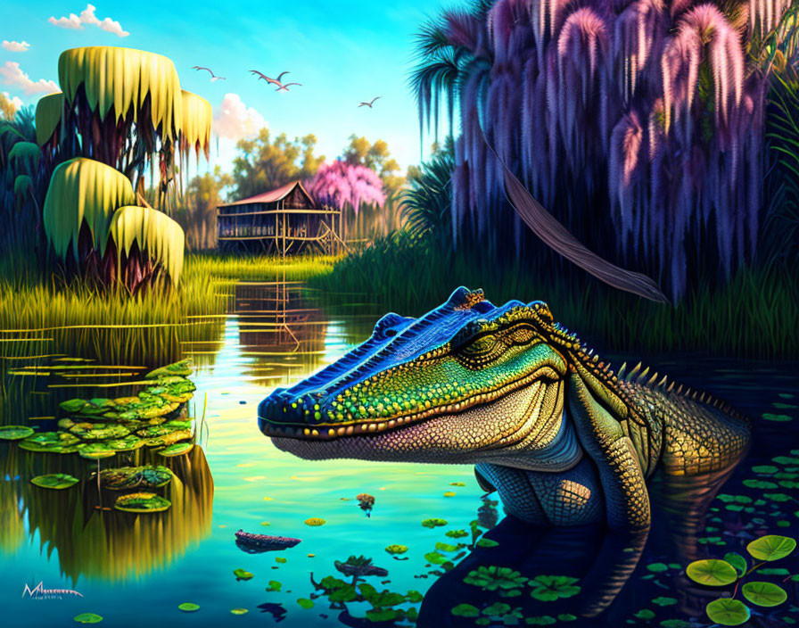 Colorful digital artwork: Alligator in vibrant swamp scene