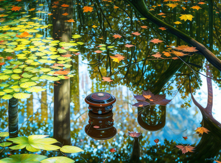 Autumn pond scene with vibrant leaves, lily pads, tree trunks, and lantern reflection