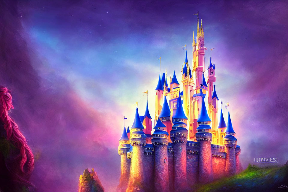 Fairytale castle illustration with spires against purple sky