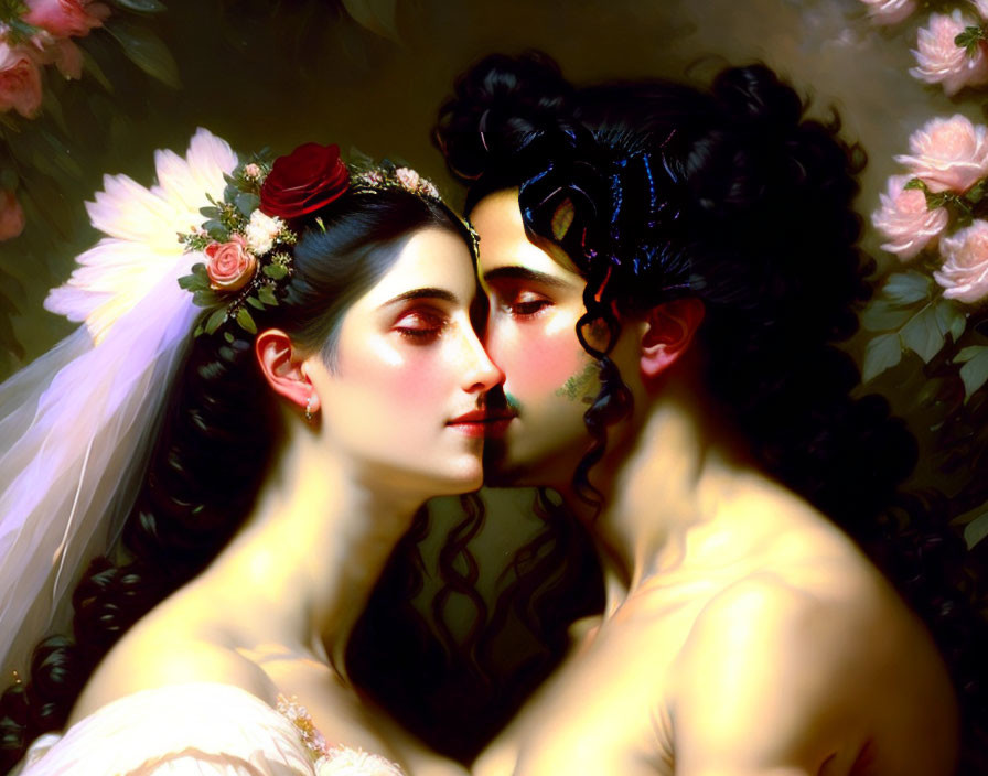 Romantic painting of couple about to kiss with floral headpiece, surrounded by pink roses