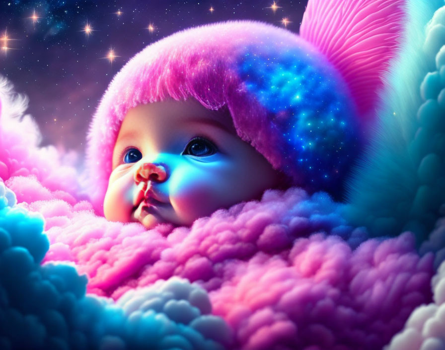 Baby nestled in pink clouds with cosmic star backdrop