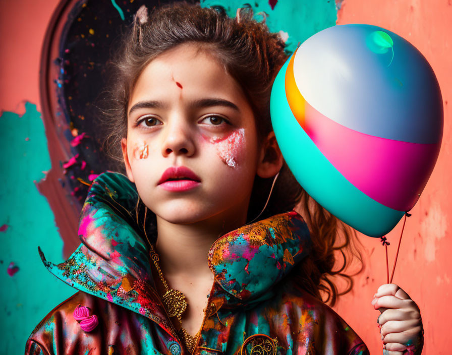 Young girl with paint on face holding colorful balloon against vibrant background