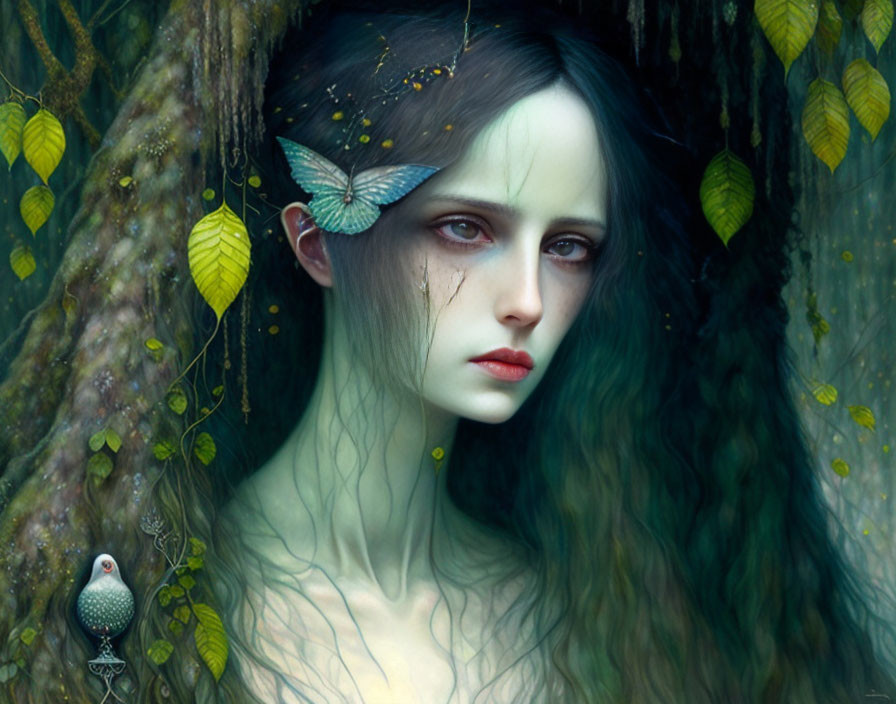 Surreal portrait of woman with pale skin and dark hair adorned with leaves and butterfly