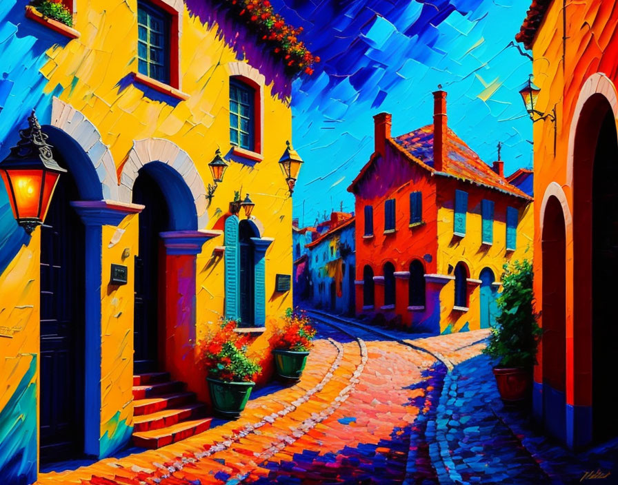 Colorful European Street Painting with Cobblestone Path